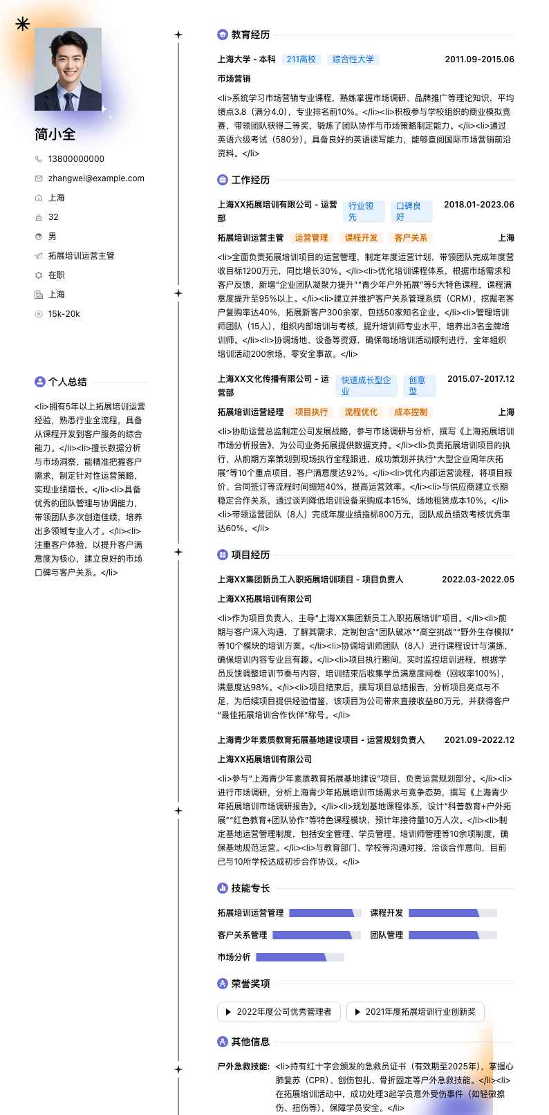 拓展培训运营主管简历模板