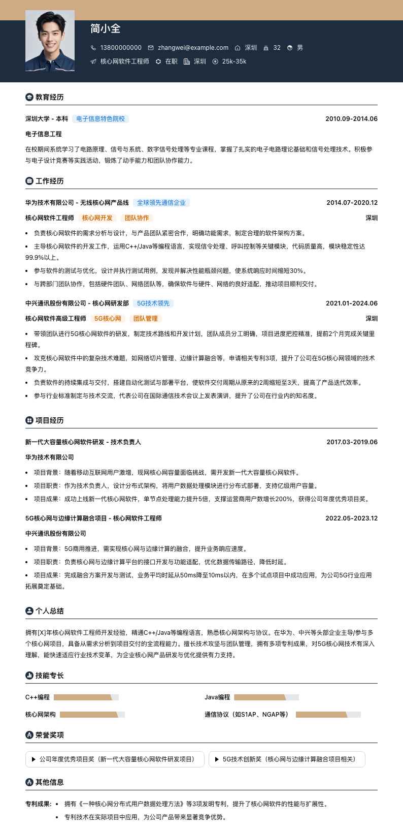 核心网软件工程师简历模板