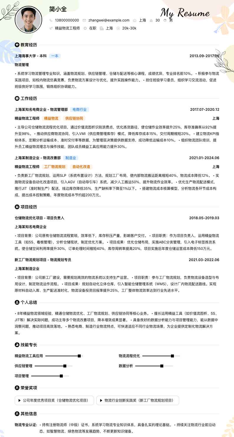 精益物流工程师简历模板