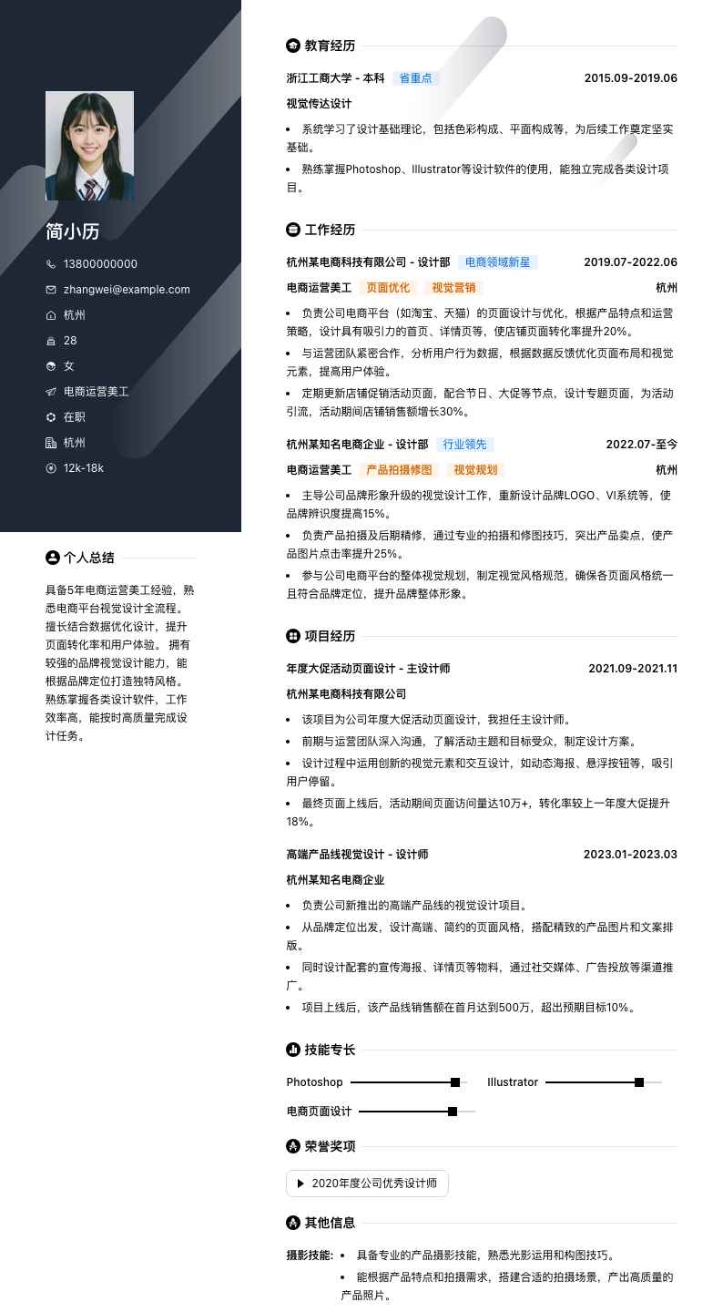 电商运营美工简历模板