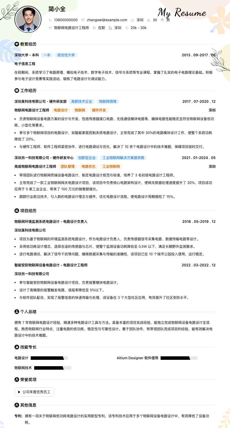 物联网电路设计工程师简历模板