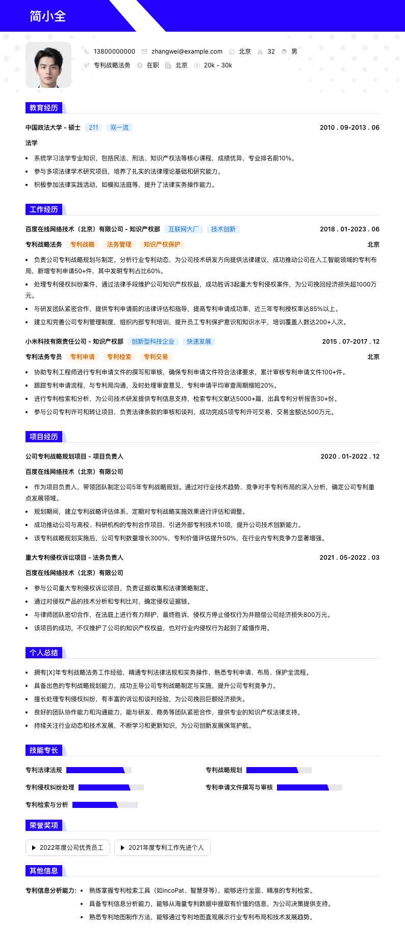 专利战略法务简历模板