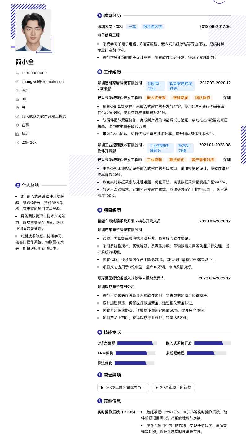 嵌入式系统软件开发工程师简历模板