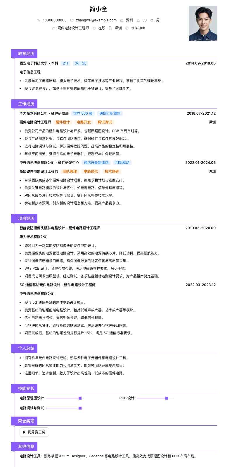 硬件电路设计工程师简历模板