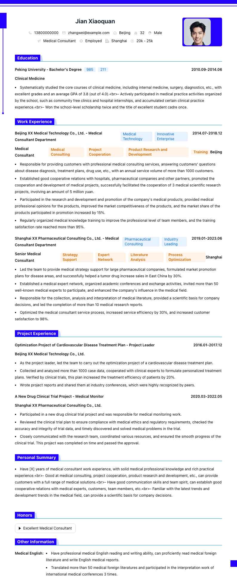 医学顾问简历模板