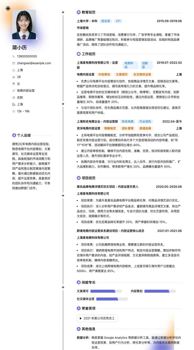 电商内容运营简历模板