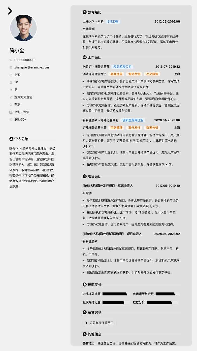 游戏海外运营简历模板
