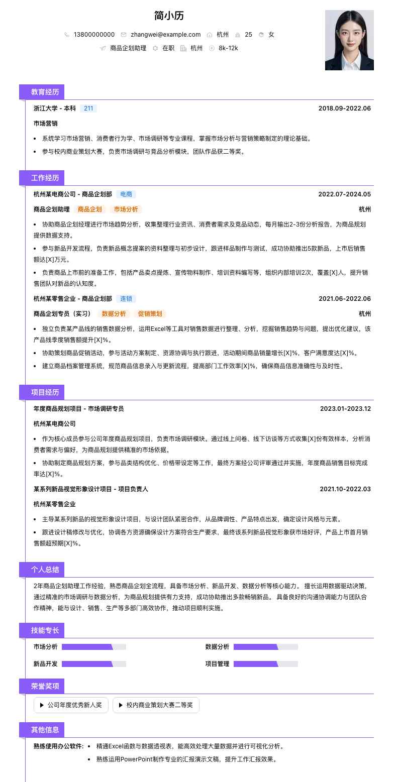 商品企划助理简历模板