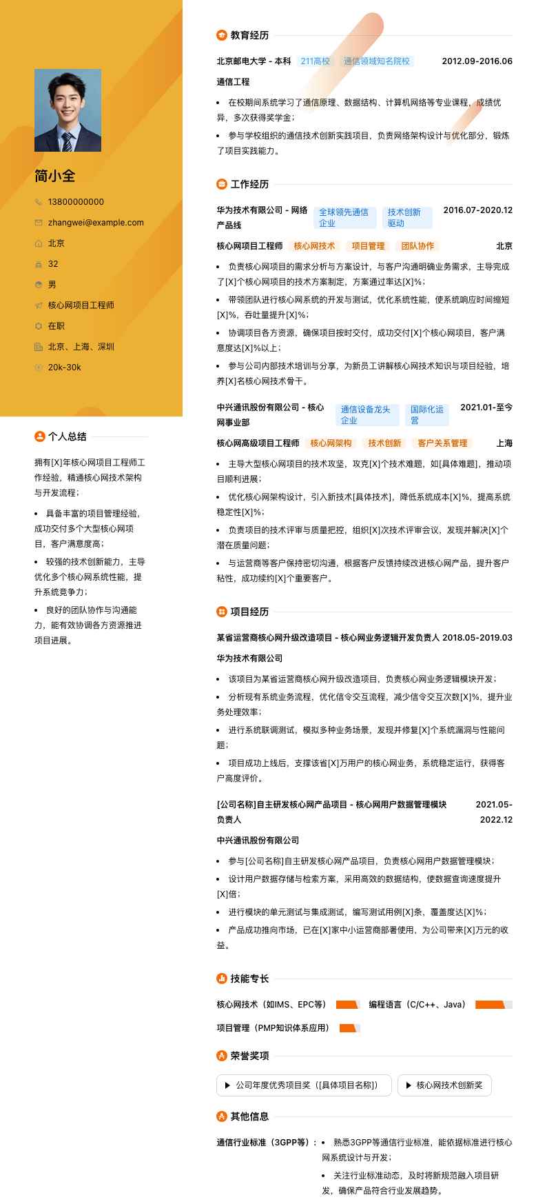 核心网项目工程师简历模板