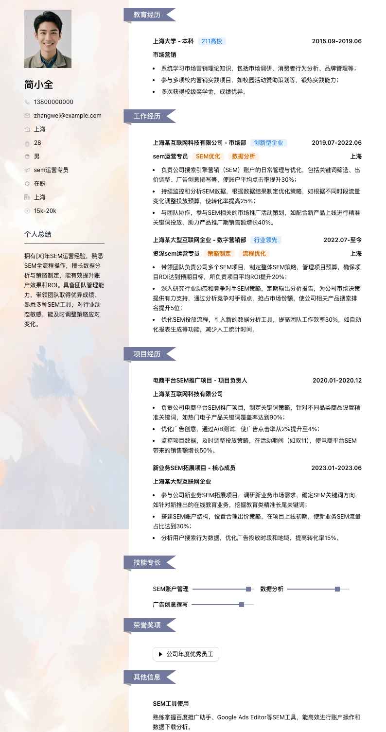 sem运营专员简历模板