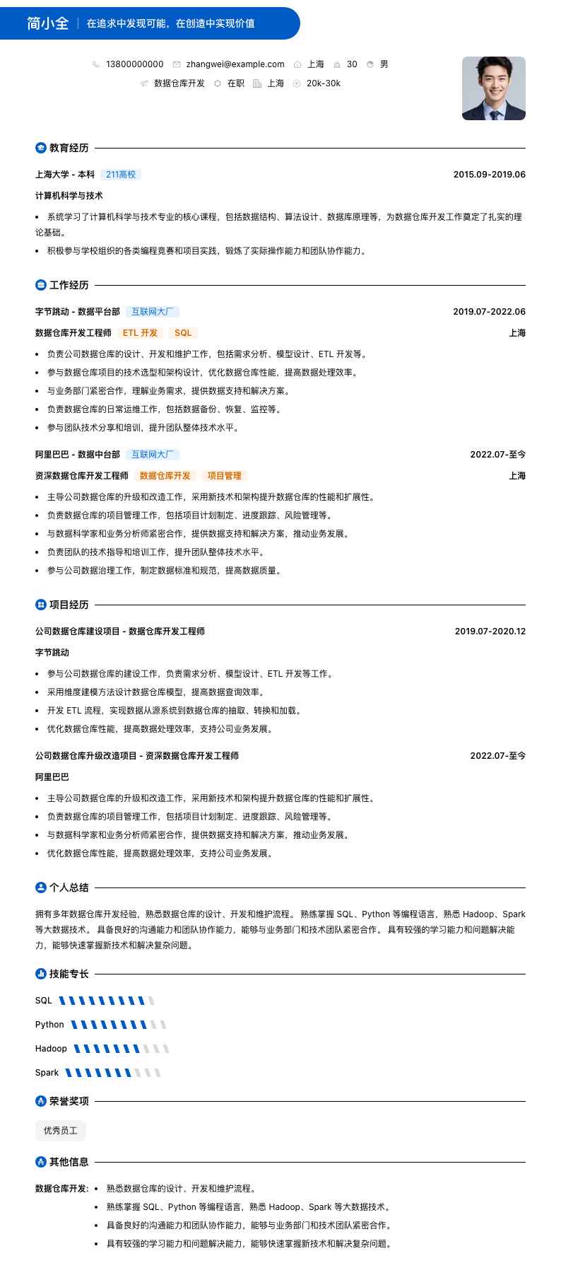 数据仓库开发简历模板