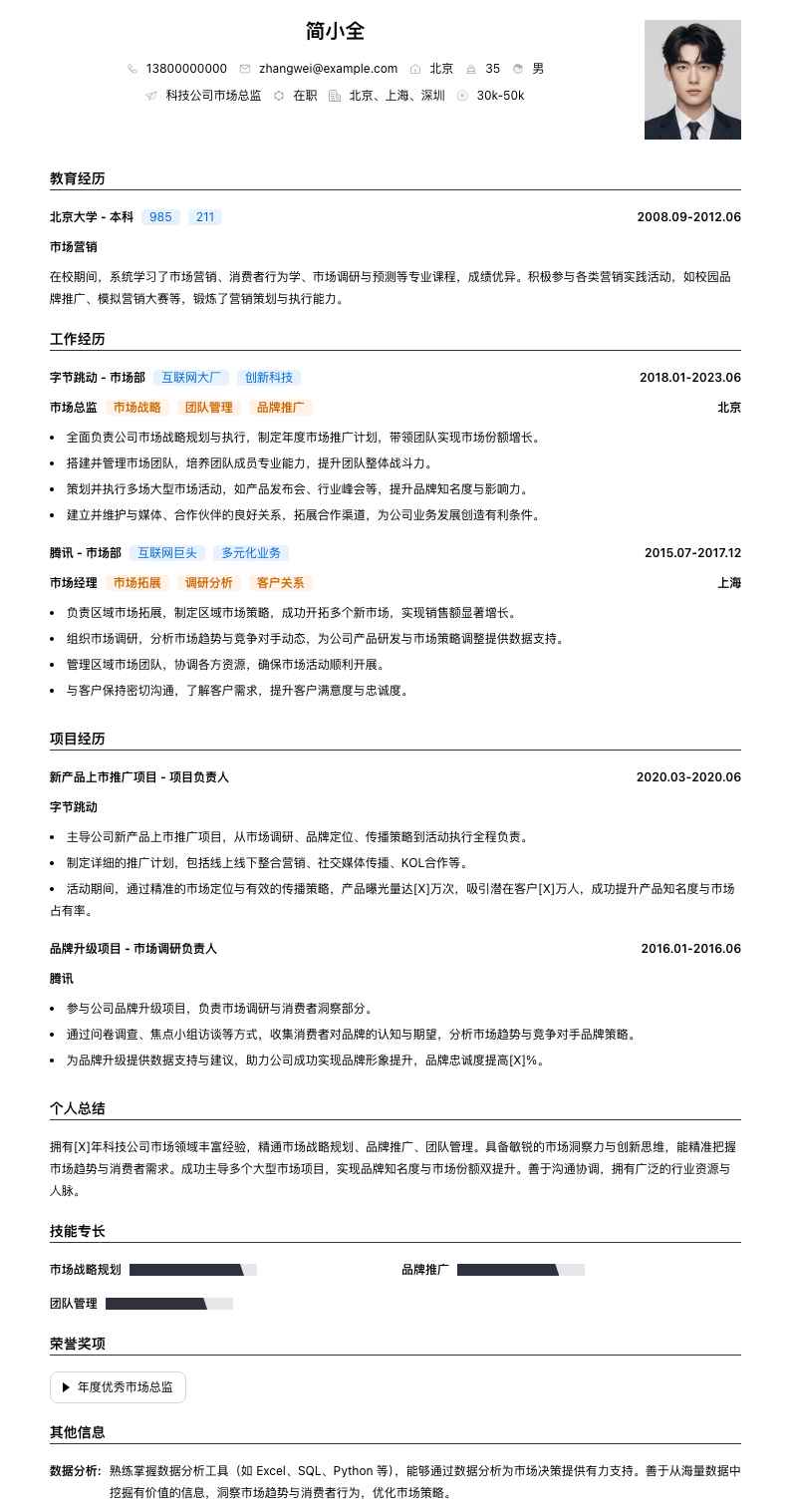 科技公司市场总监简历模板