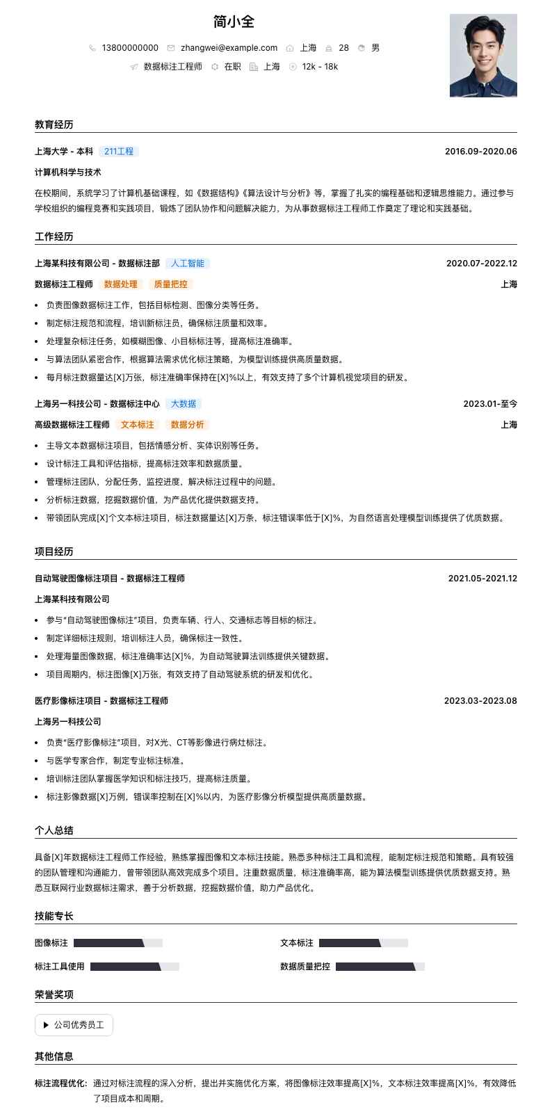 数据标注工程师简历模板