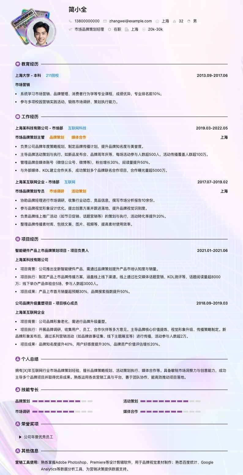 市场品牌策划经理简历模板