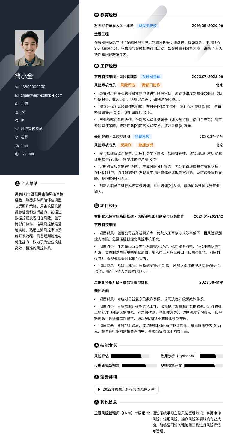 风控审核专员简历模板