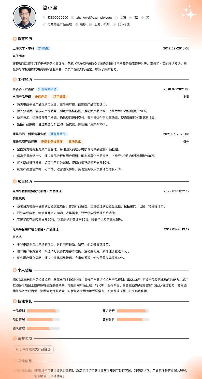 电商高级产品经理简历模板