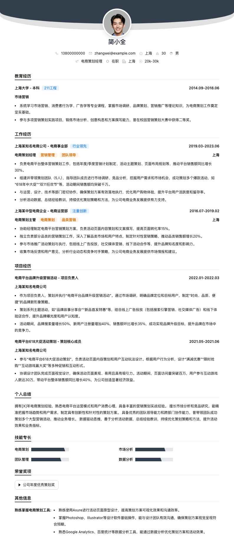 电商策划经理简历模板