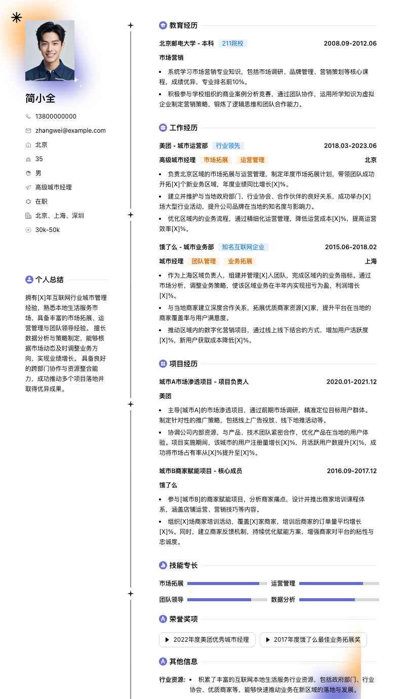 高级城市经理简历模板