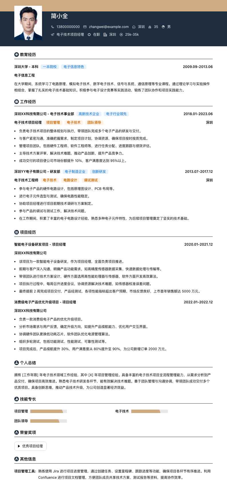 电子技术项目经理简历模板