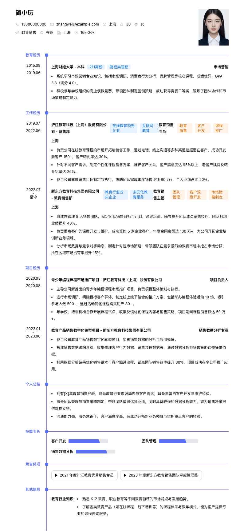 教育销售简历模板