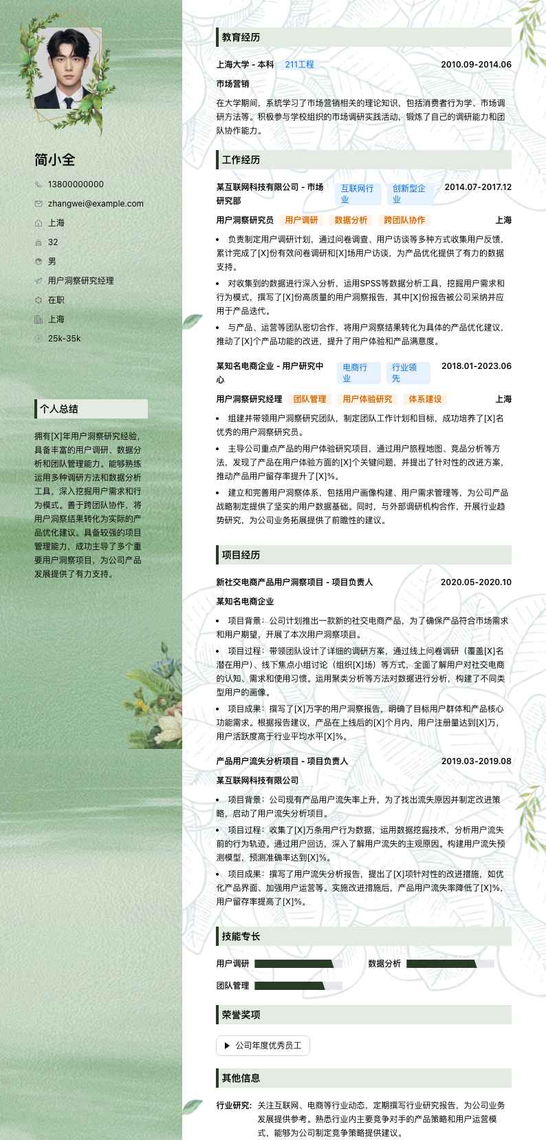 用户洞察研究经理简历模板