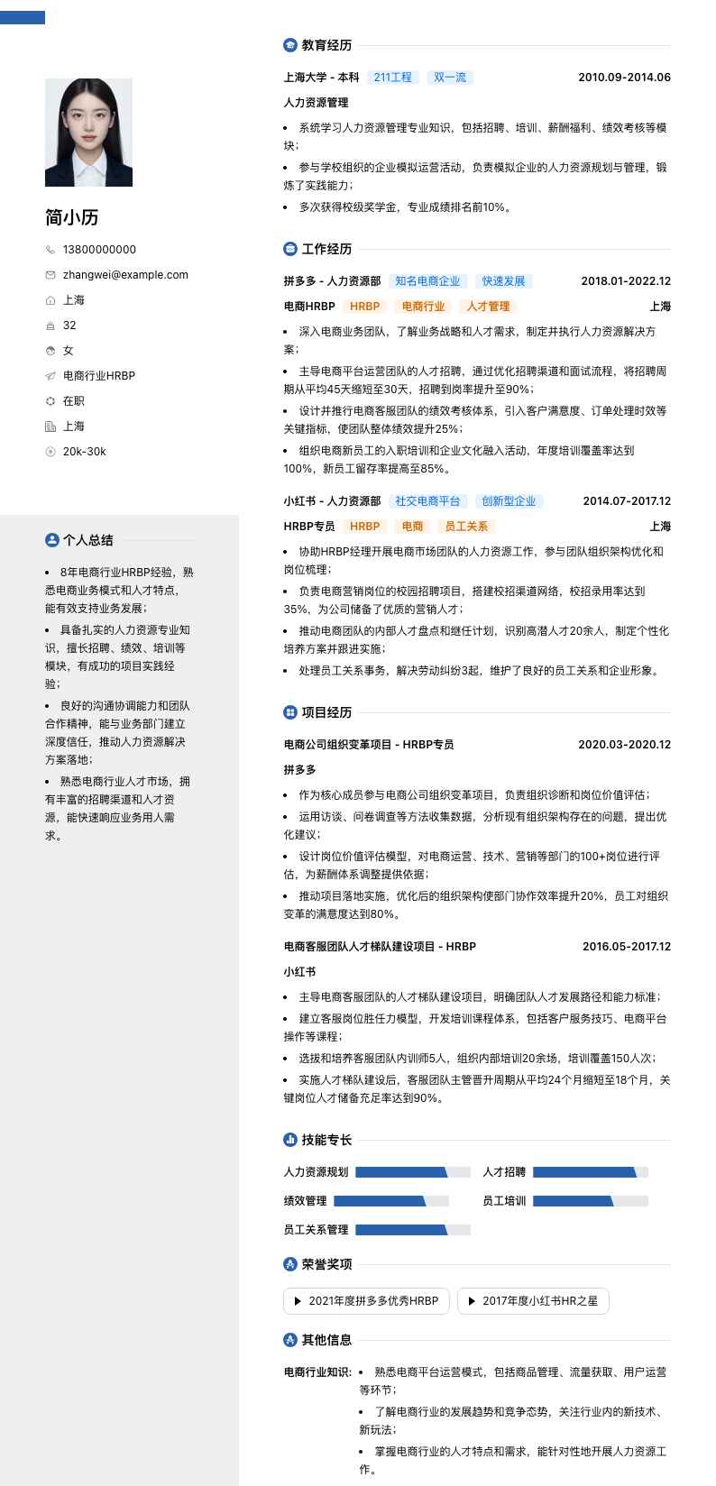 电商行业HRBP简历模板