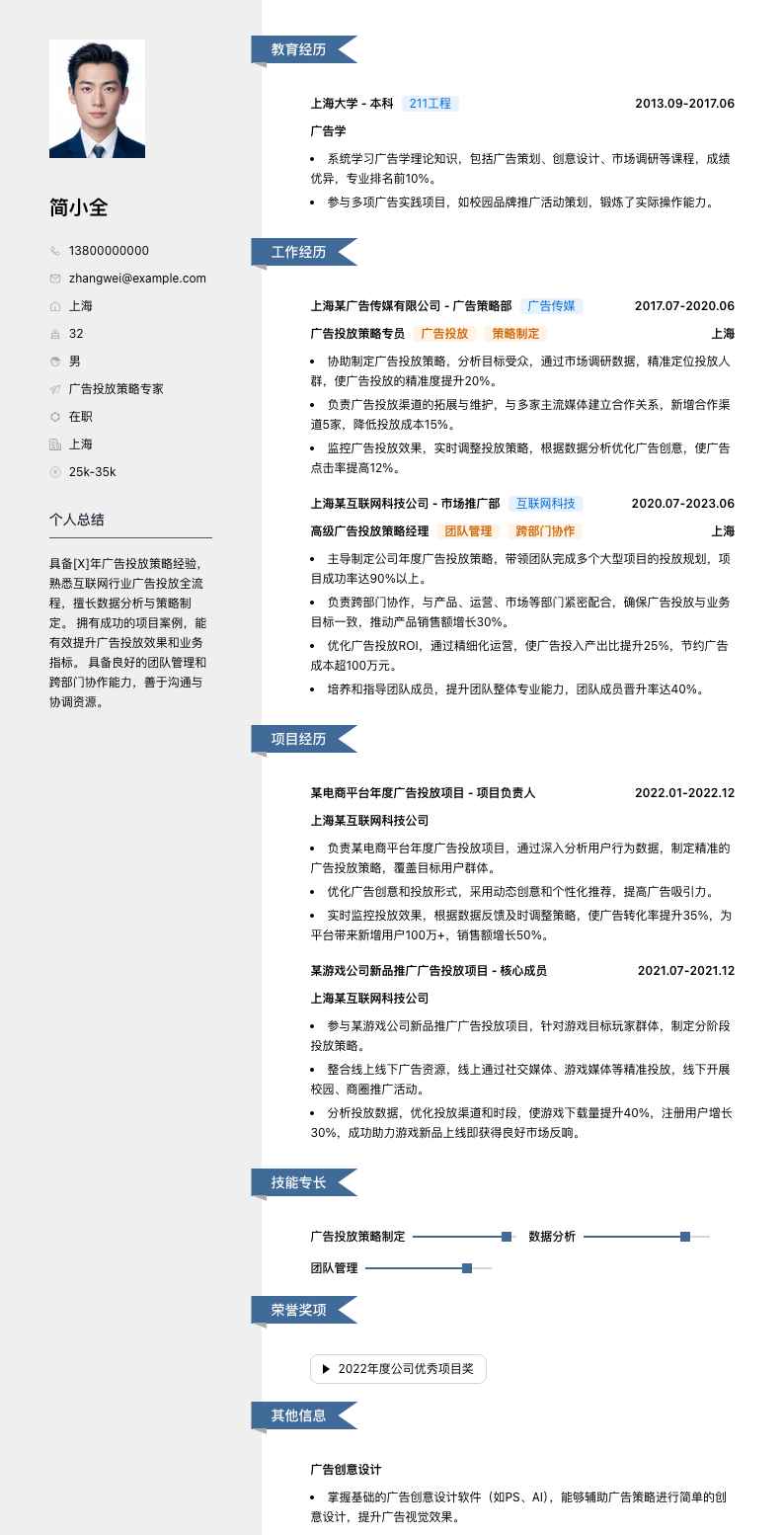 广告投放策略专家简历模板