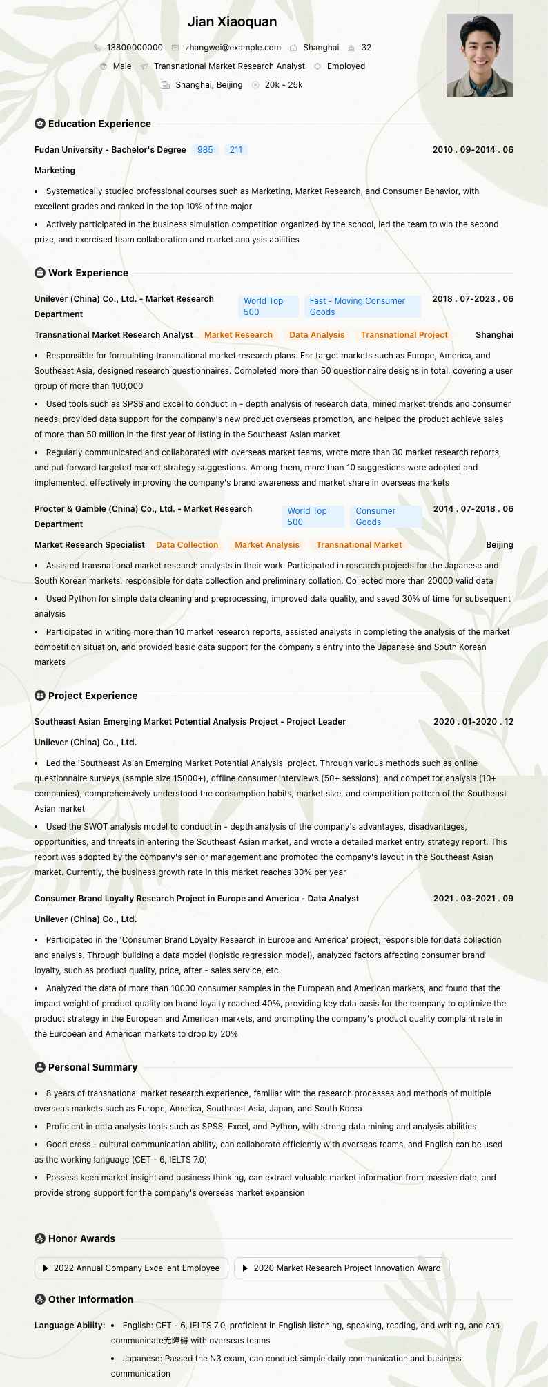 跨国市场调研分析师简历模板