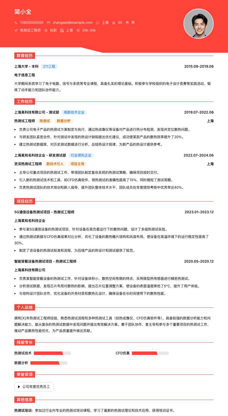 热测试工程师简历模板