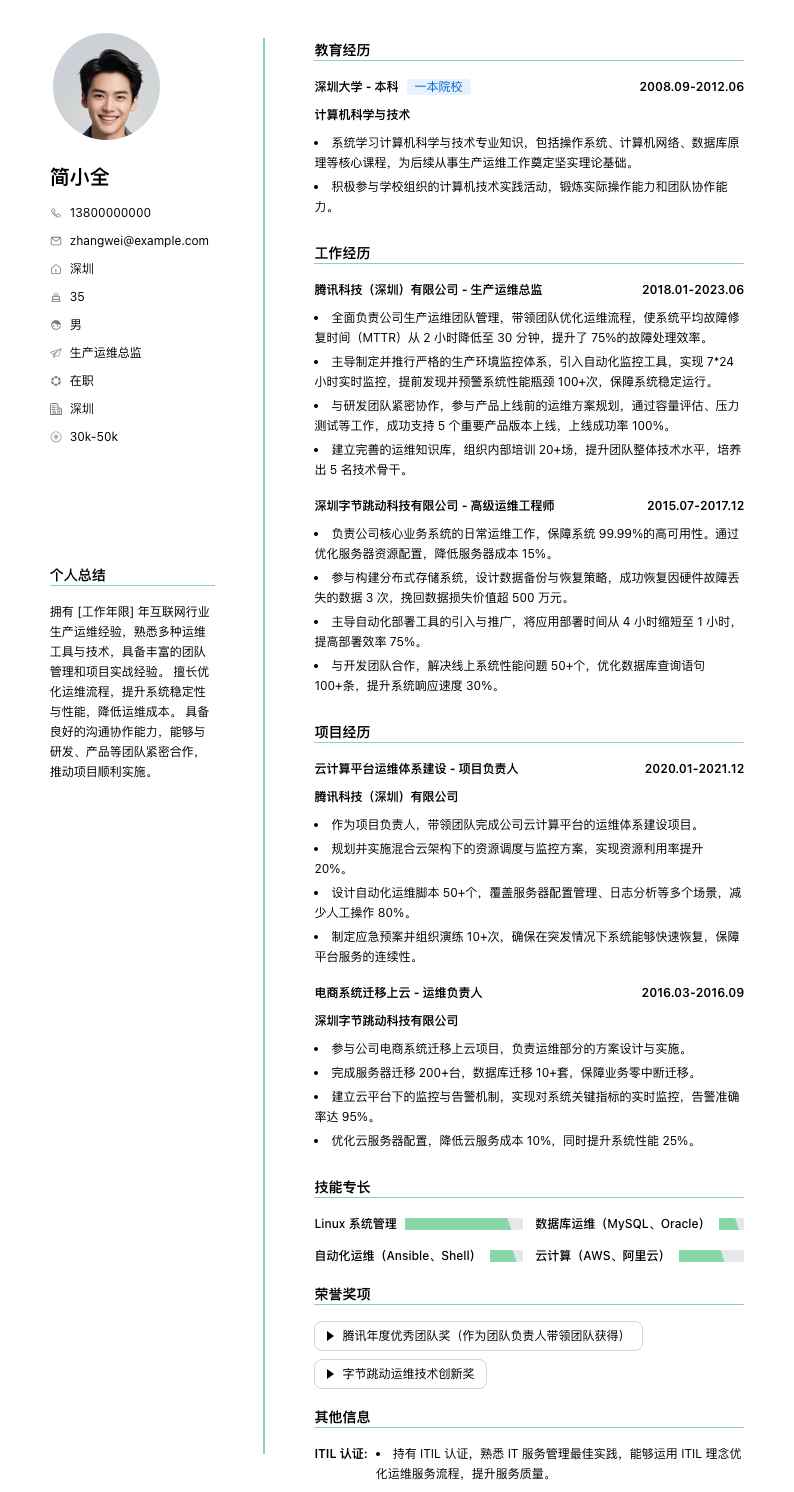 生产运维总监简历模板