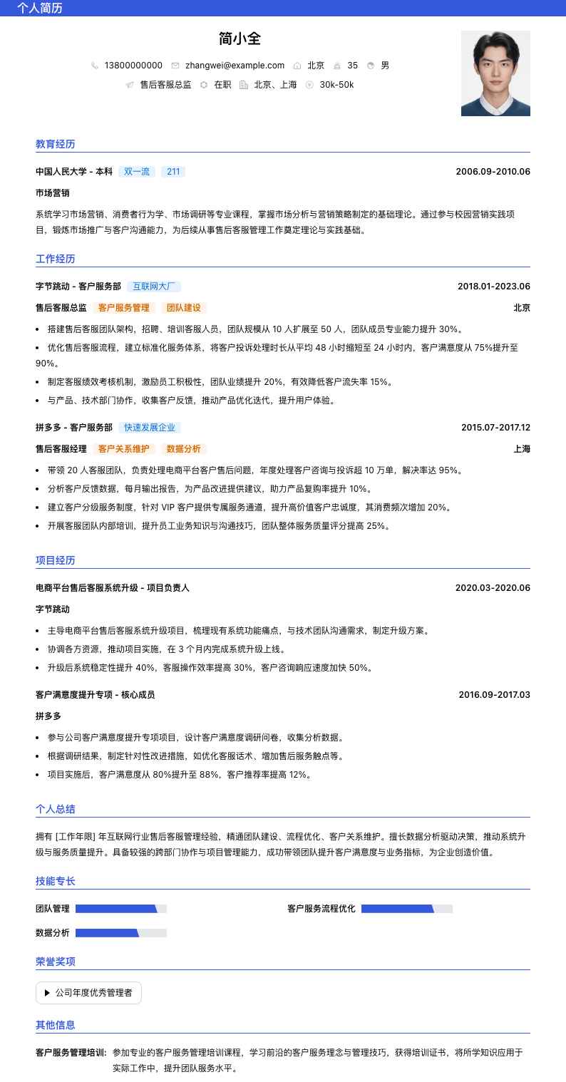 售后客服总监简历模板
