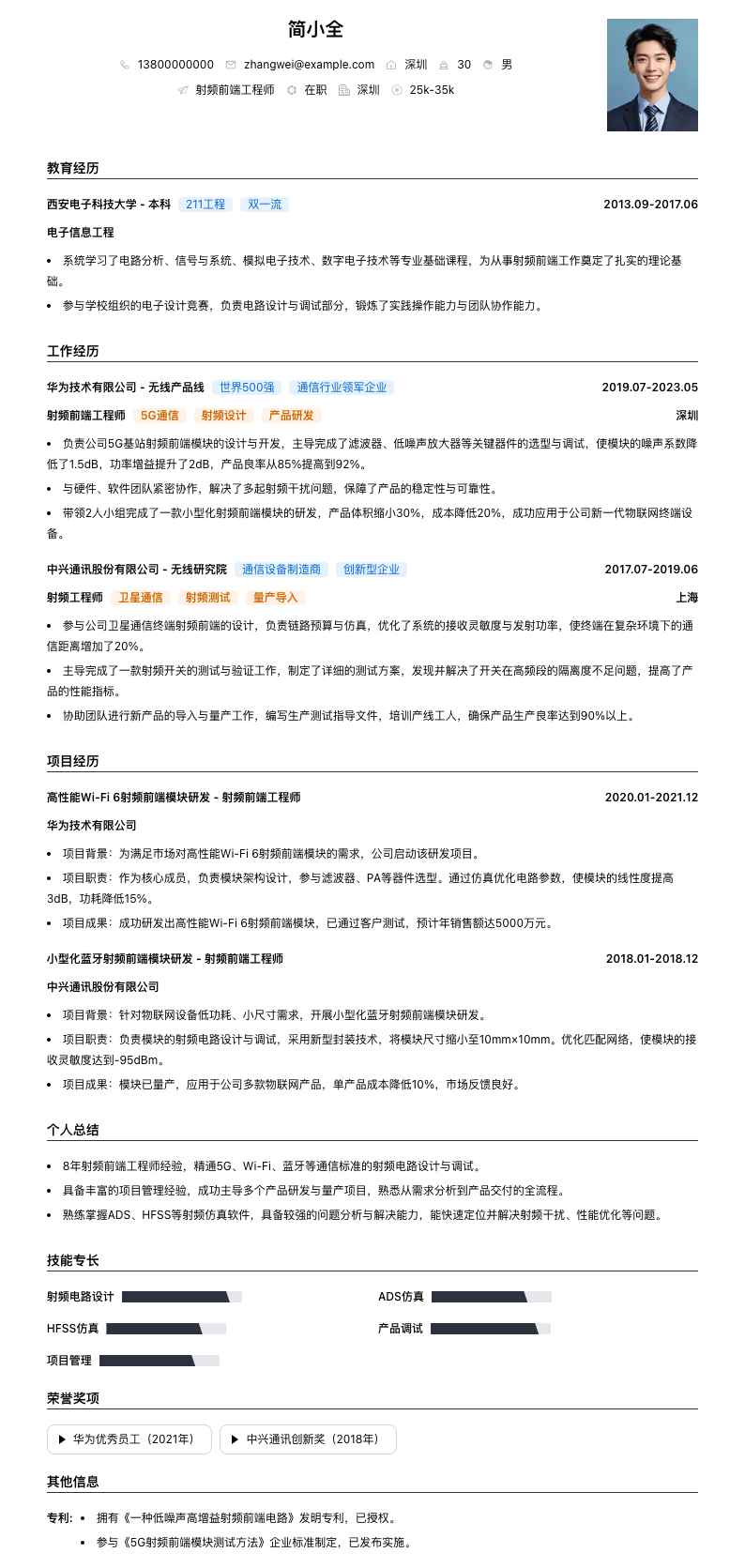 射频前端工程师简历模板