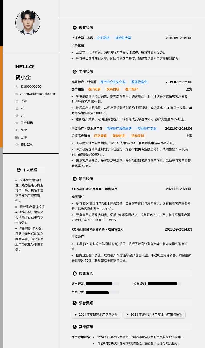 房产销售简历模板