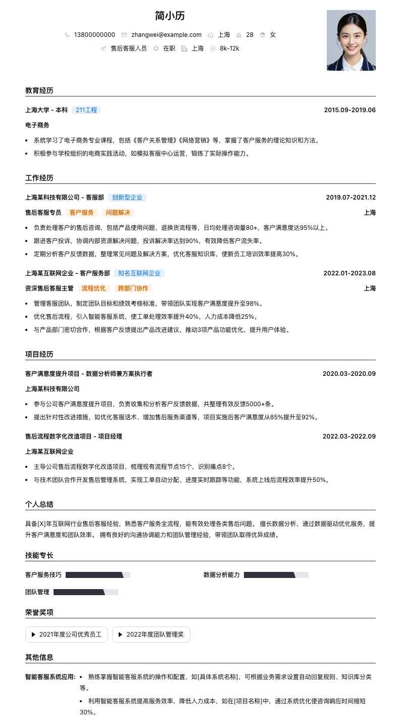售后客服人员简历模板
