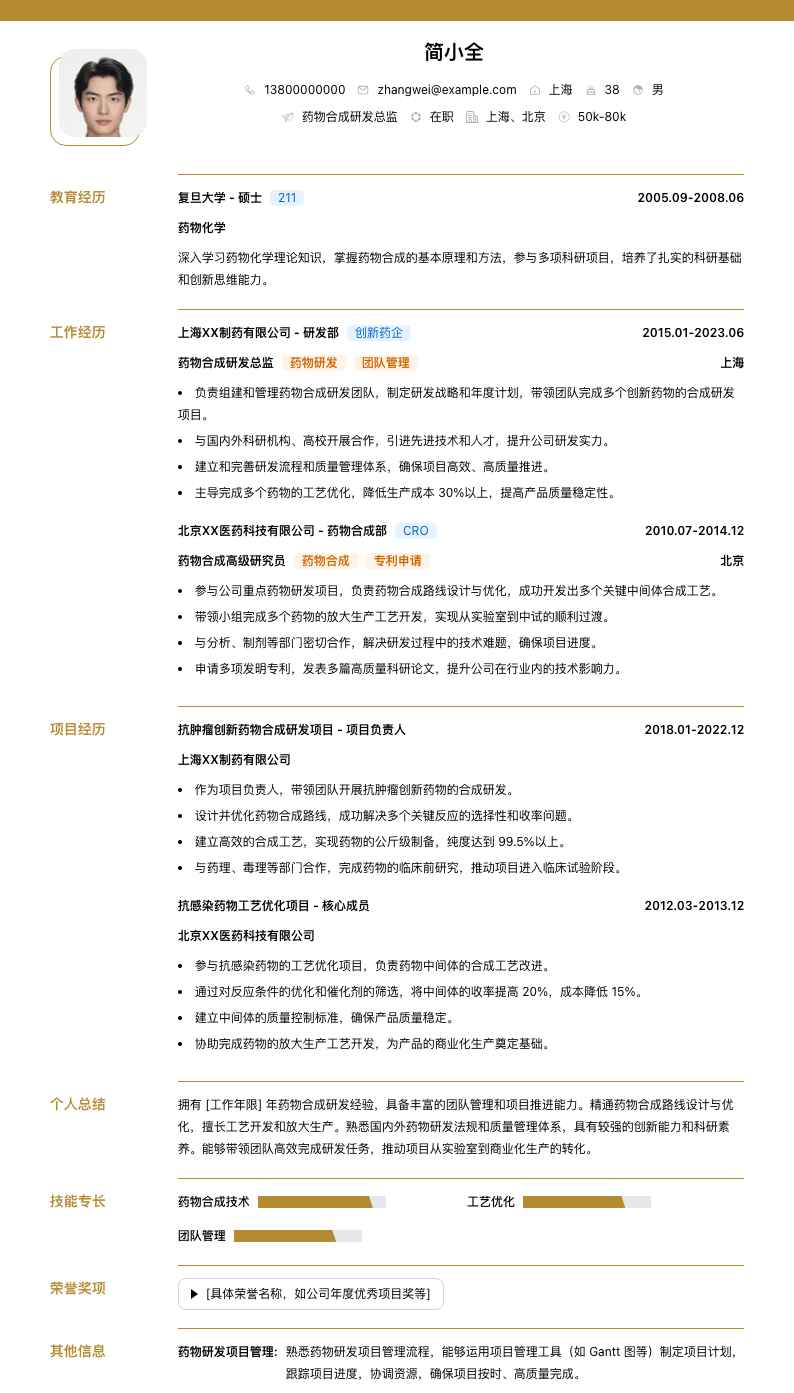 药物合成研发总监简历模板