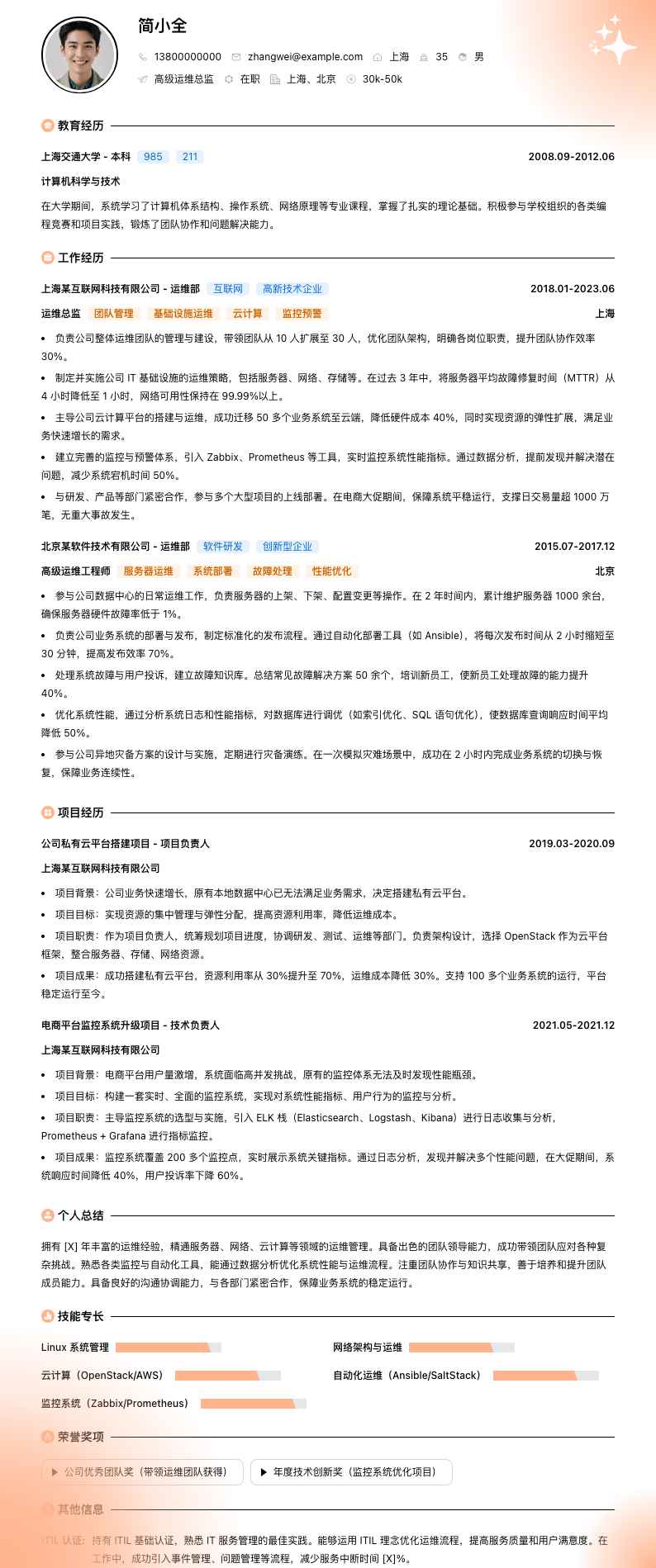 高级运维总监简历模板