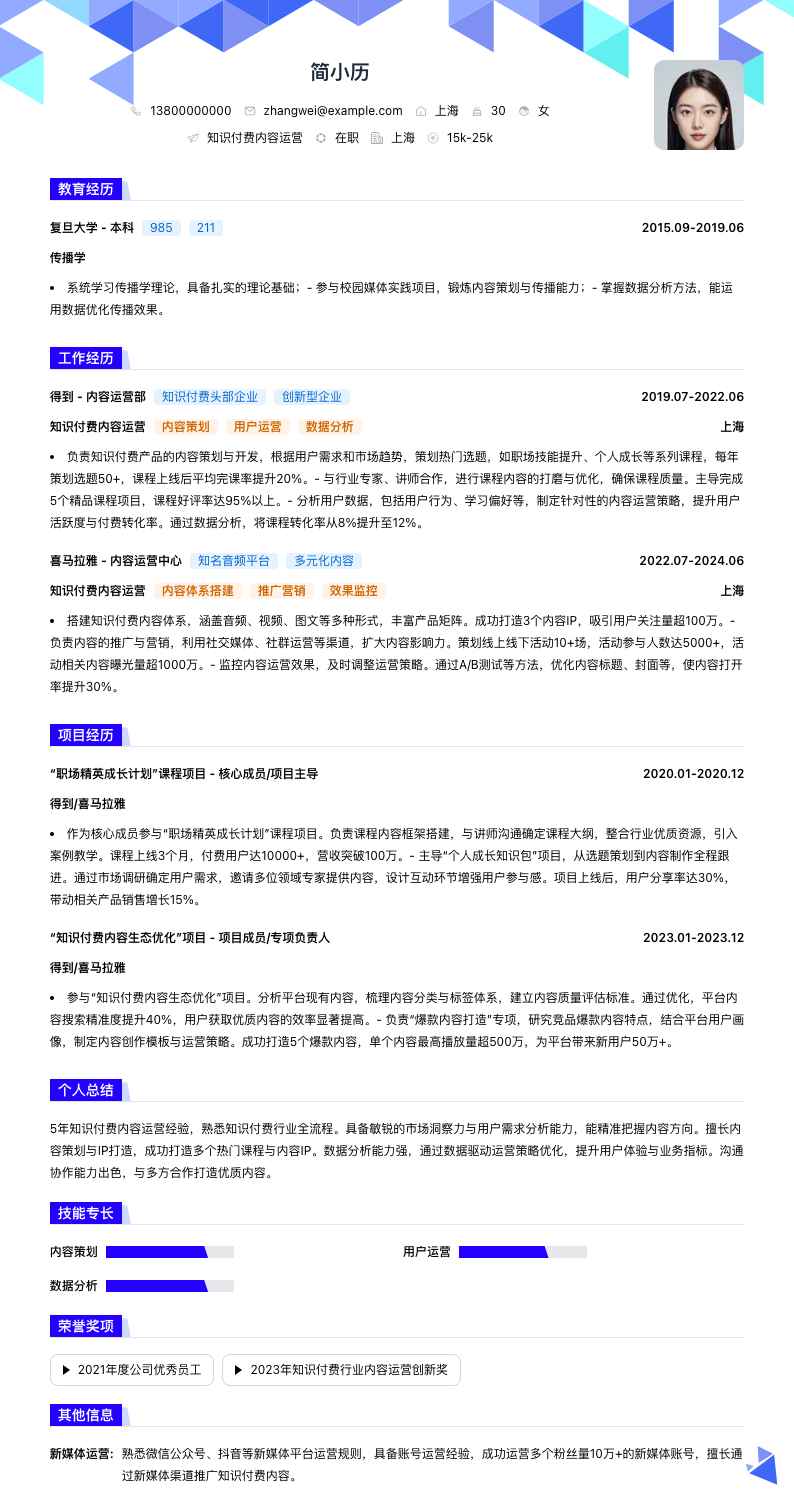 知识付费内容运营简历模板