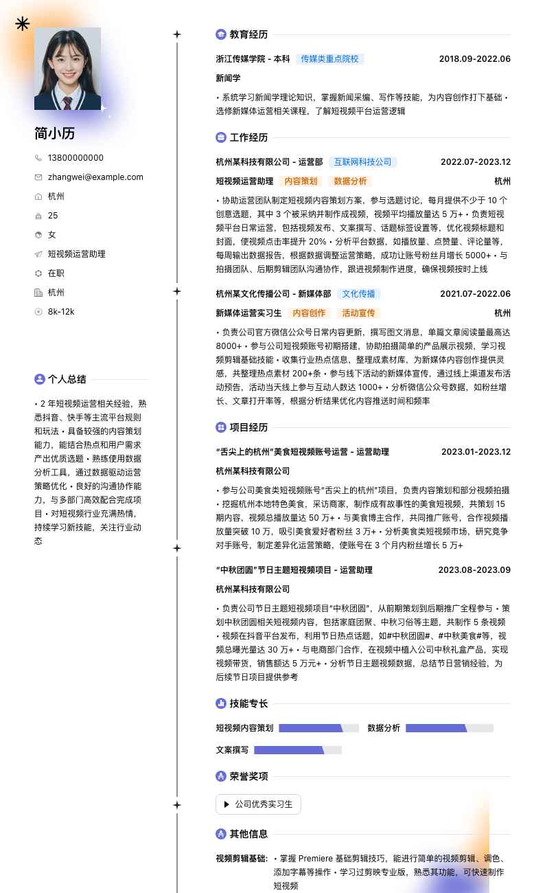 短视频运营助理简历模板