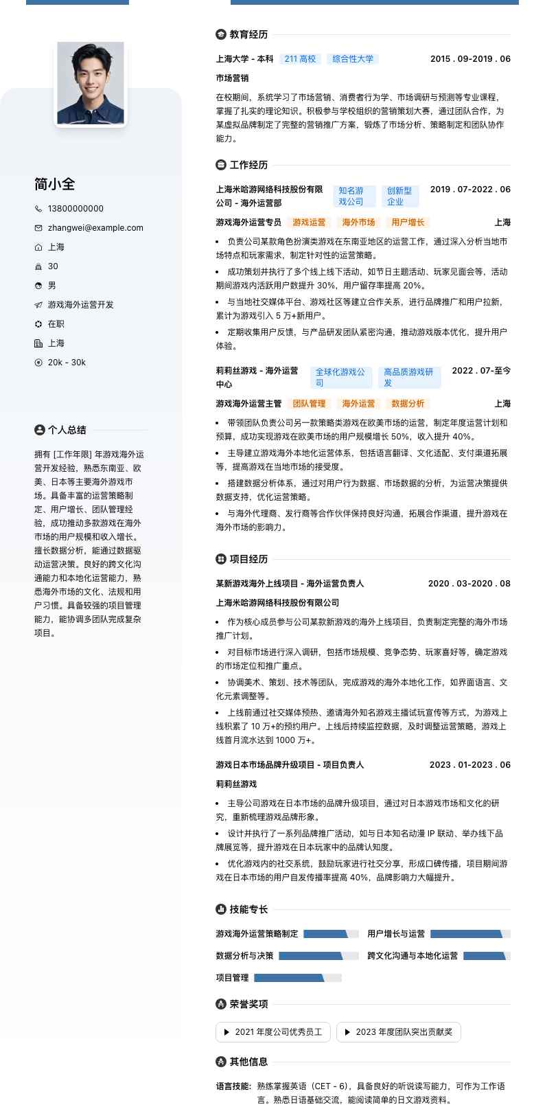 游戏海外运营简历模板