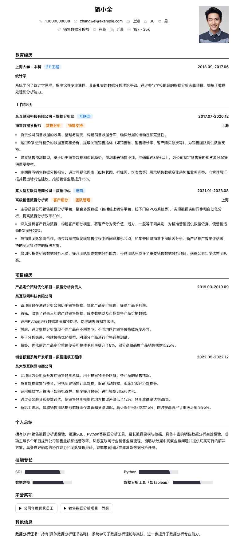 销售数据分析师简历模板