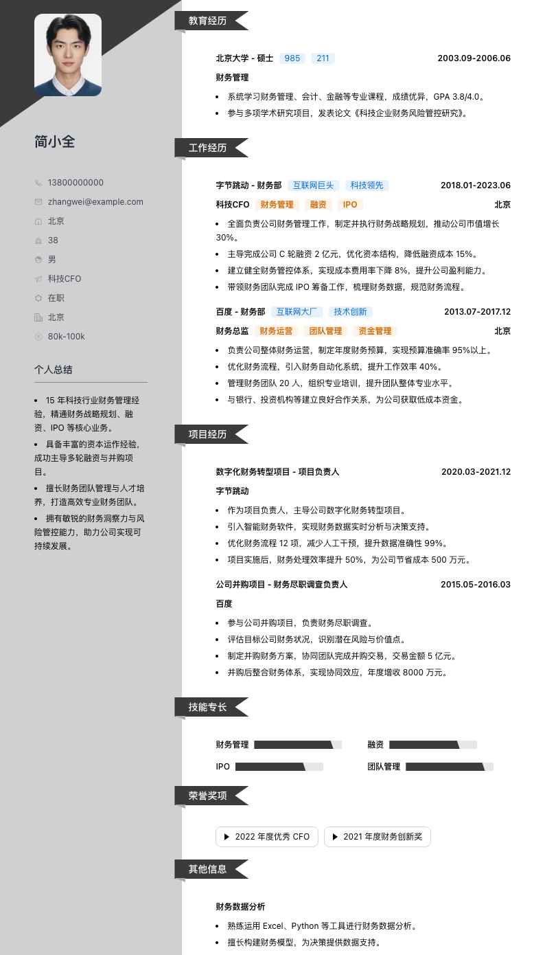 科技CFO简历模板