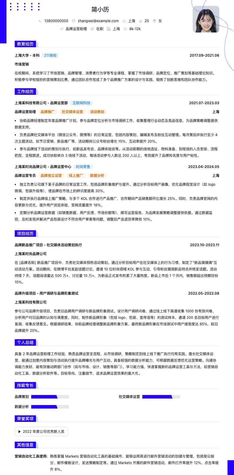 品牌运营助理简历模板