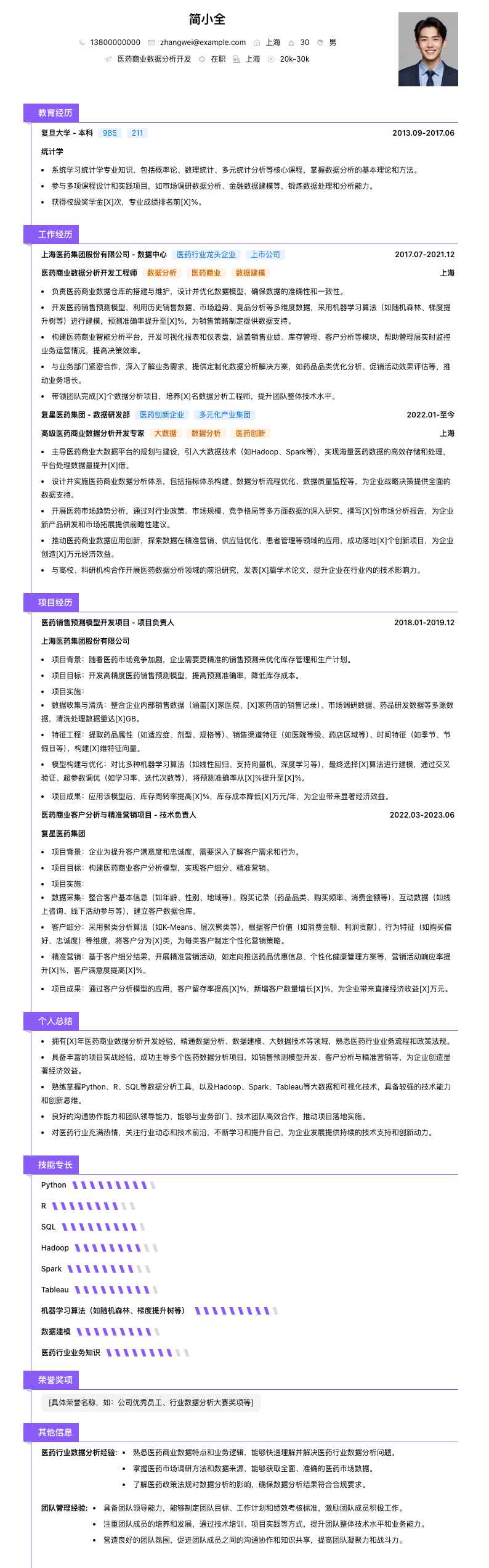 医药商业数据分析简历模板
