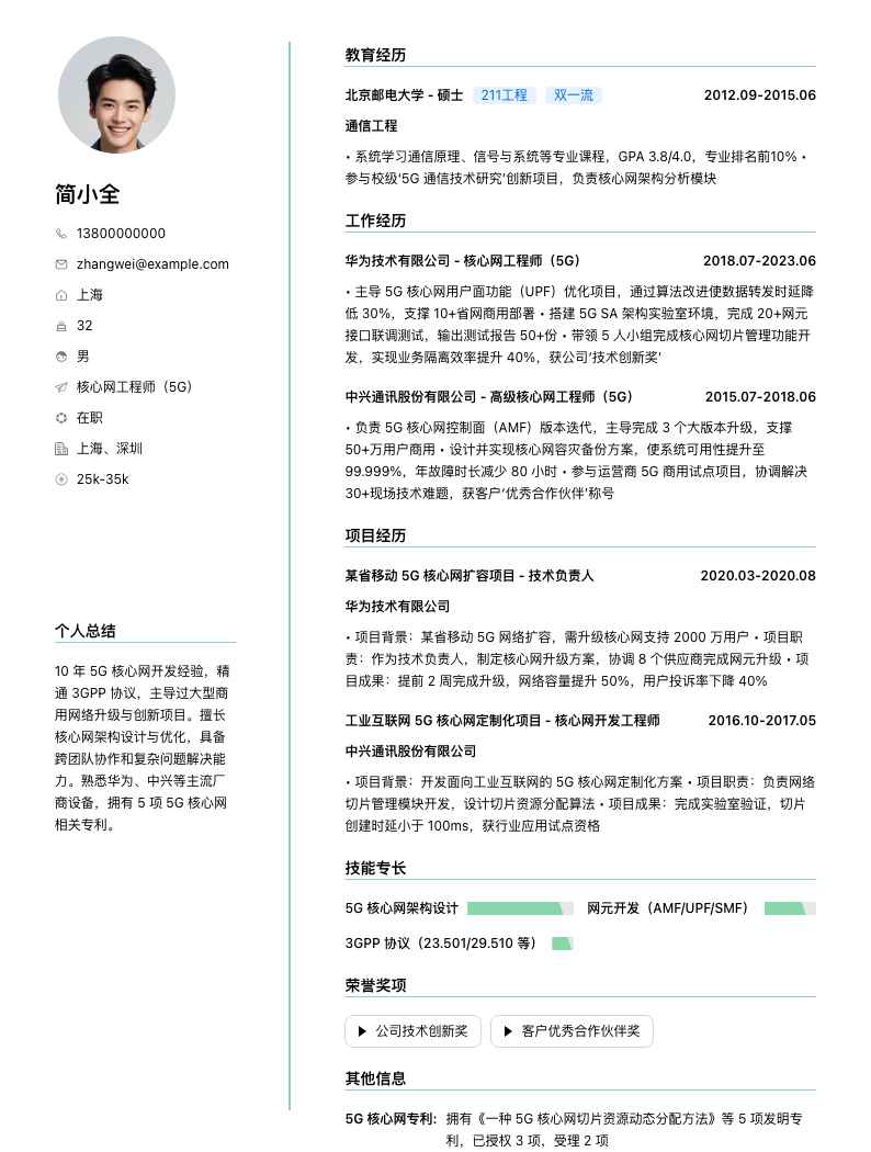 核心网工程师（5G）简历模板