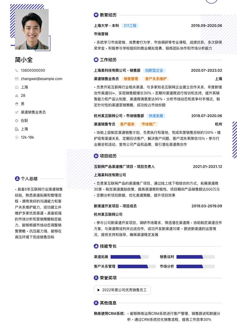 渠道销售业务员简历模板