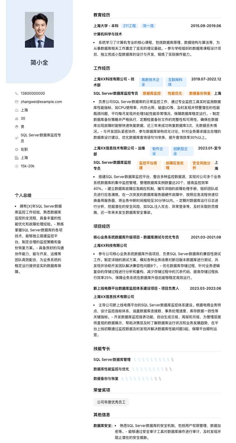SQL Server数据库监控专员简历模板