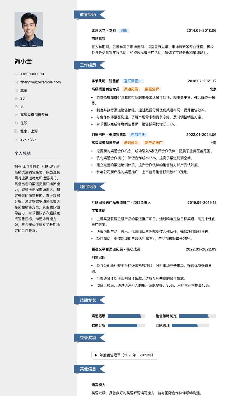 高级渠道销售专员简历模板