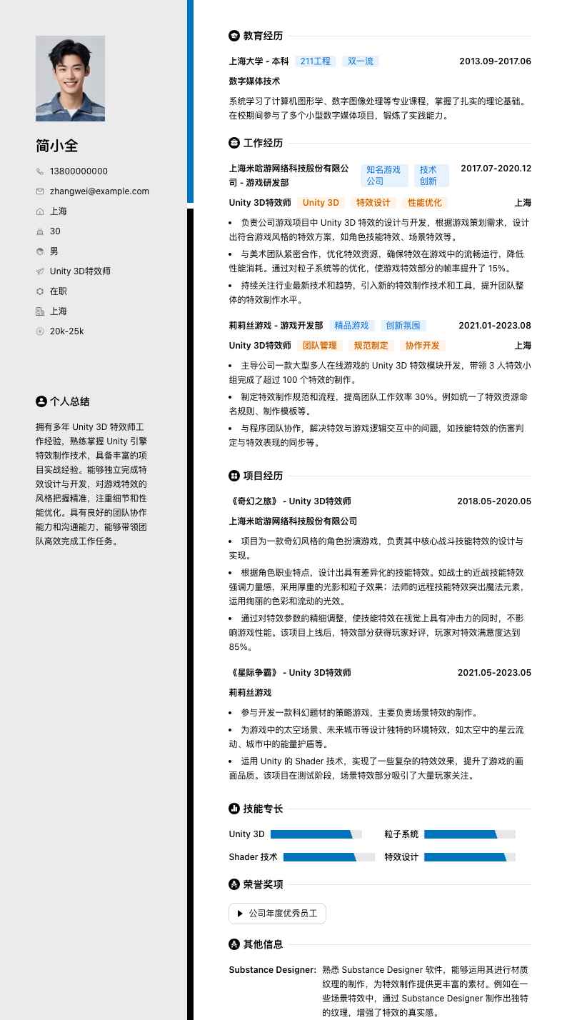 Unity 3D特效师简历模板