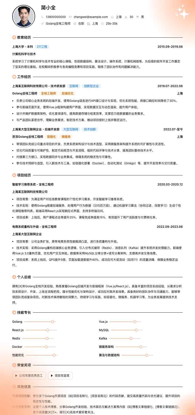 golang全栈工程师简历模板