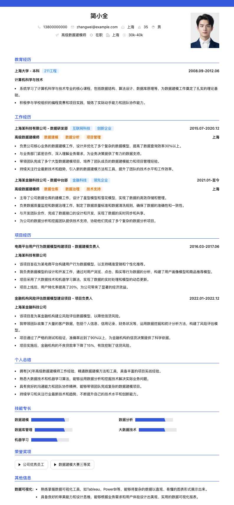高级数据建模师简历模板